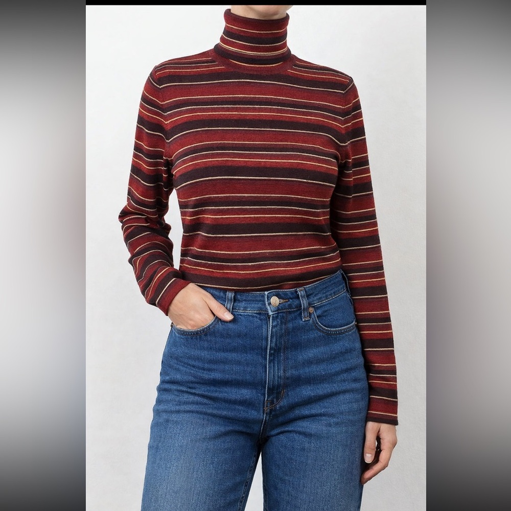 VTG Brooks Brothers Merino Wool Striped Turtleneck Sweater Red Brown Preppy
